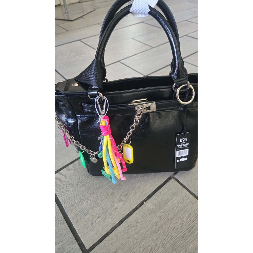 Madden NYC 2360 Top Handle Satchel Black High Shine Neon Tassel Crossbody Bag